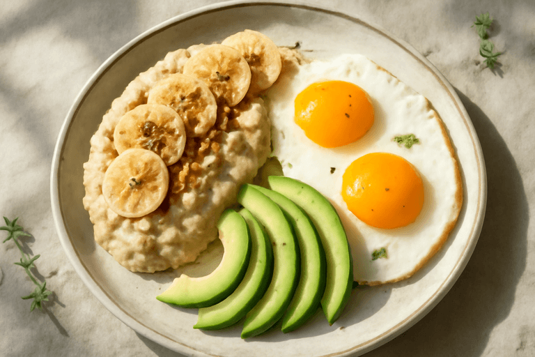 Stacked Power-Frühstück mit Haferflocken, Eiern und Avocado