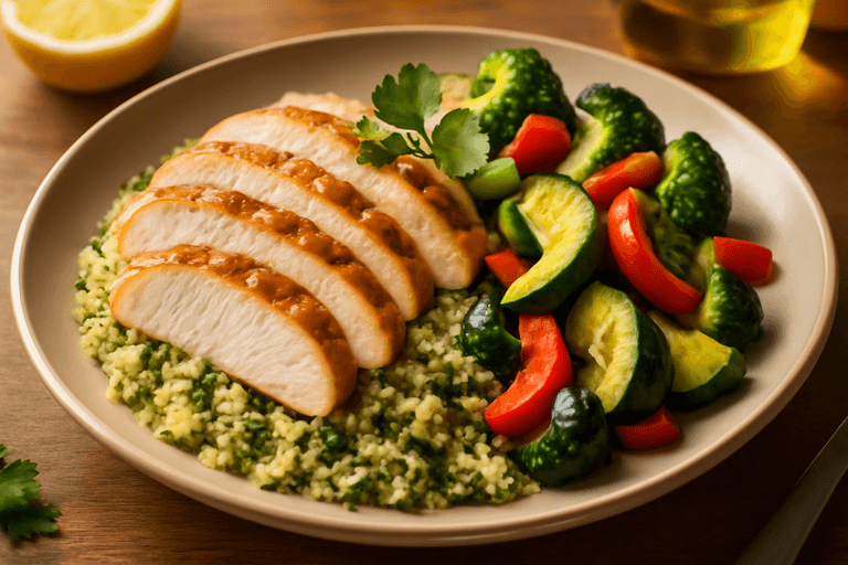 Piept de pui la grătar cu legume colorate și quinoa