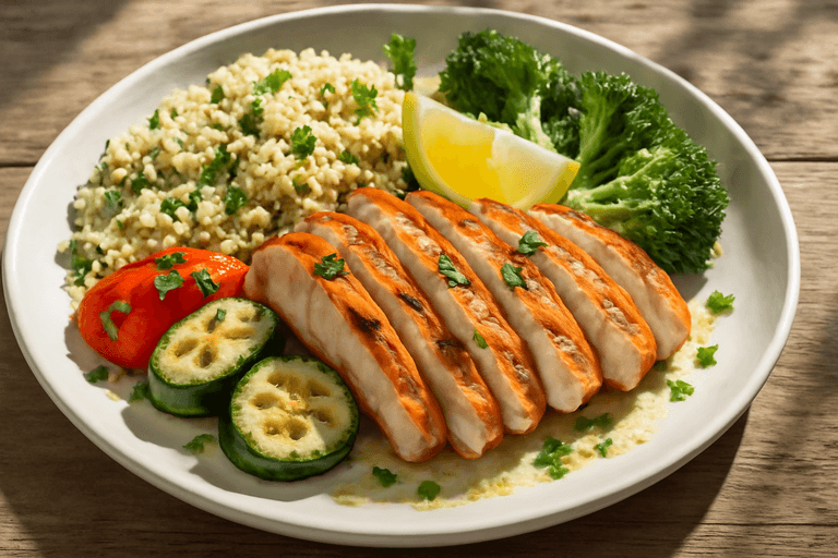 Куриная грудка на гриле с овощами и киноа