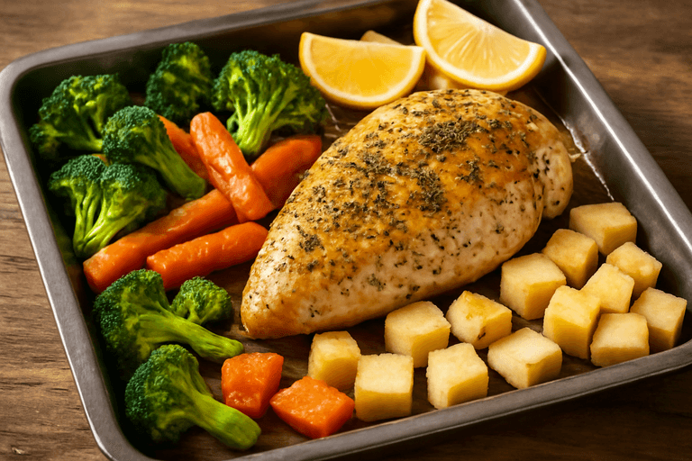 Saftig ovnsbakt kylling med brokkoli og ovnsbakte rotgrønnsaker