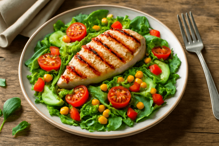 Salată de pui la grătar cu legume proaspete și dressing ușor
