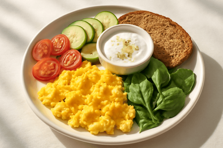 Mic dejun clasic echilibrat cu ouă, legume și iaurt