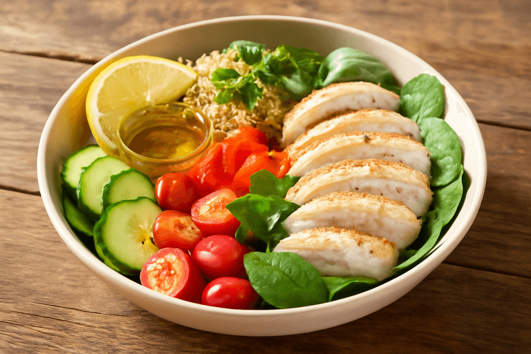 Salată clasică de pui cu quinoa și legume proaspete