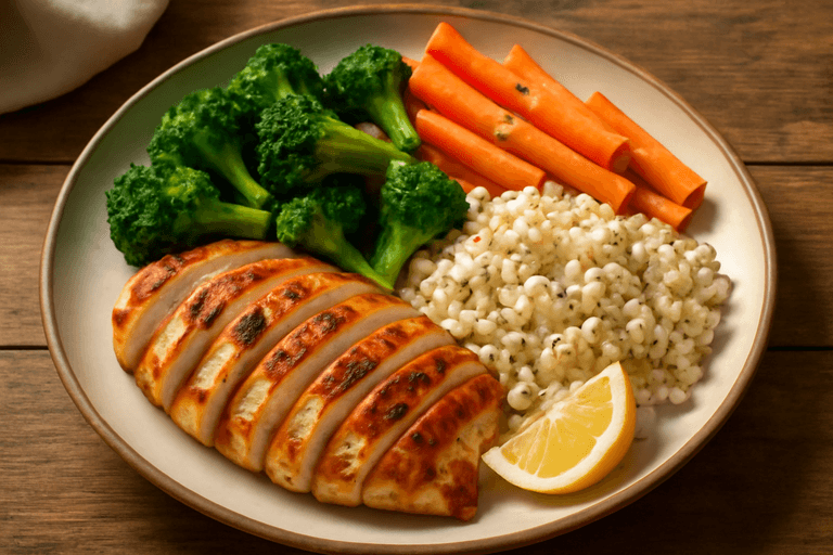 Piept de pui la grătar cu legume sotate și orez brun