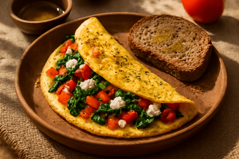 Mic dejun fresh cu omletă de legume și brânză