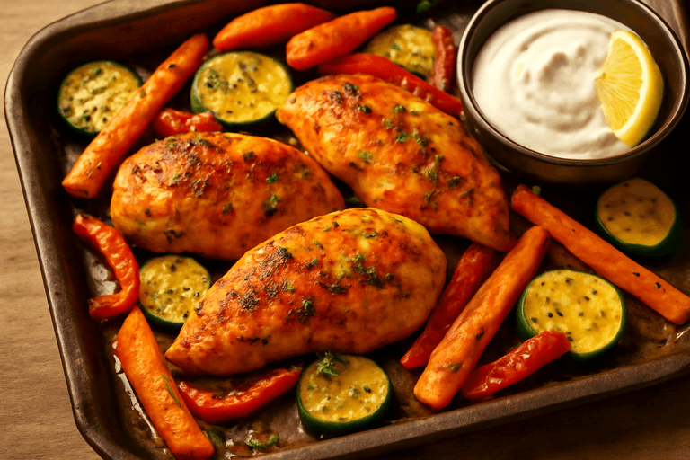 Pui la cuptor cu legume și sos de iaurt