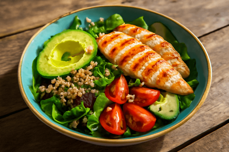 Salată clasică de pui la grătar cu legume și quinoa