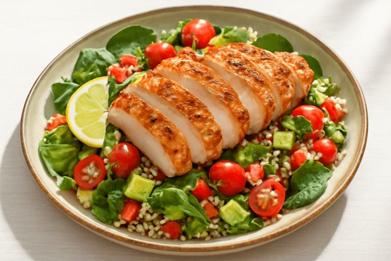 Piept de pui la grătar cu salată de quinoa și legume proaspete