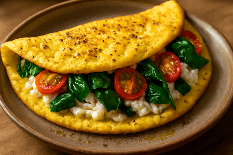 Omletă proteică cu spanac și roșii