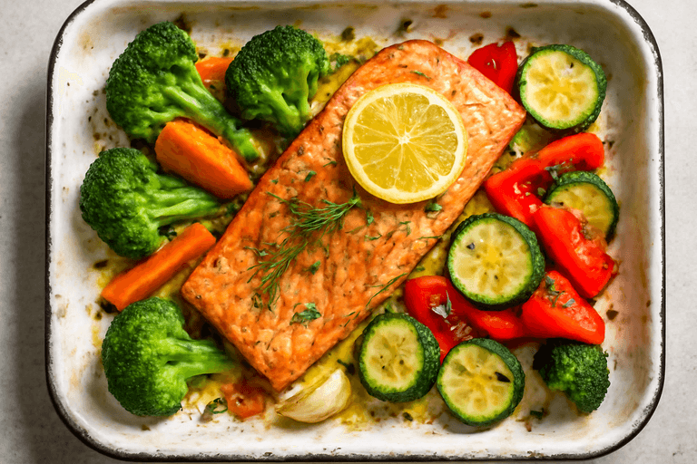 Somon la cuptor cu legume colorate