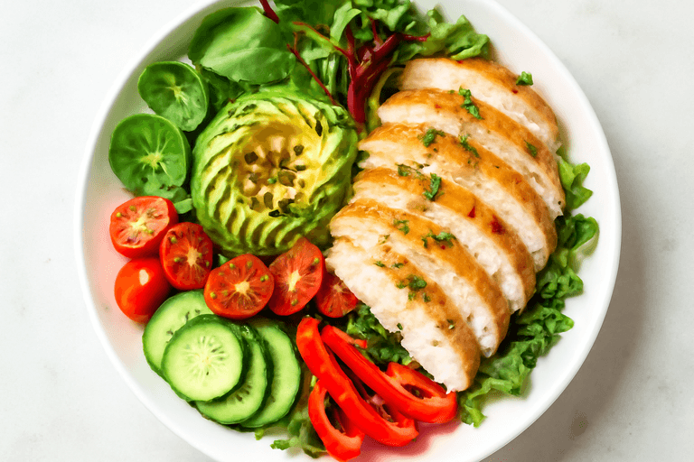 Klassisk kycklingsallad med avokado och citronvinägrett
