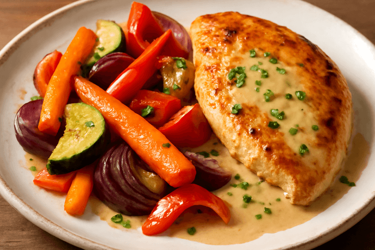 Kycklingfilé med ugnsrostade grönsaker och lätt senapssås
