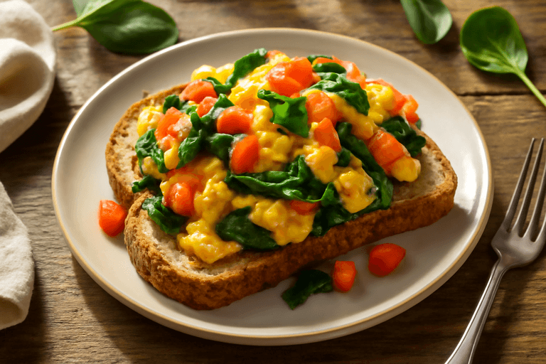Proteinrik äggröra med spenat och tomat