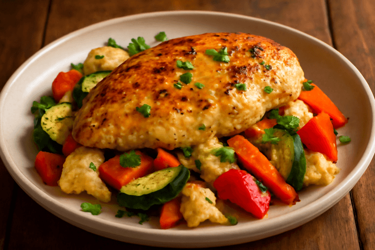 Kycklingfilé med rostade grönsaker och citrondressing