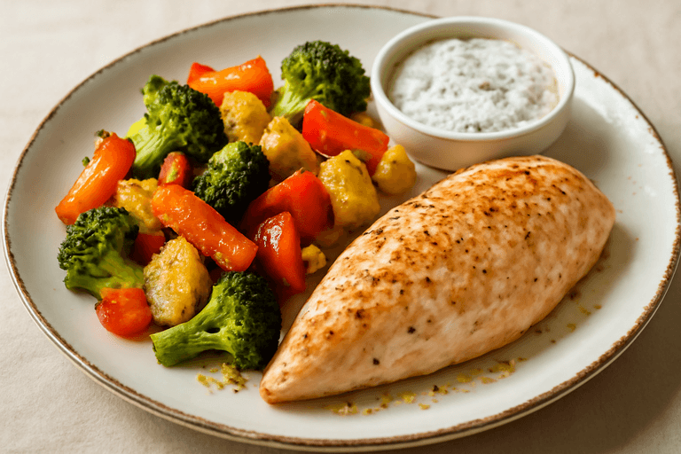 Kyllingfilet med ovnsbakte grønnsaker og urtedressing