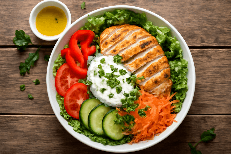 Salată de pui la grătar cu legume proaspete și dressing de iaurt