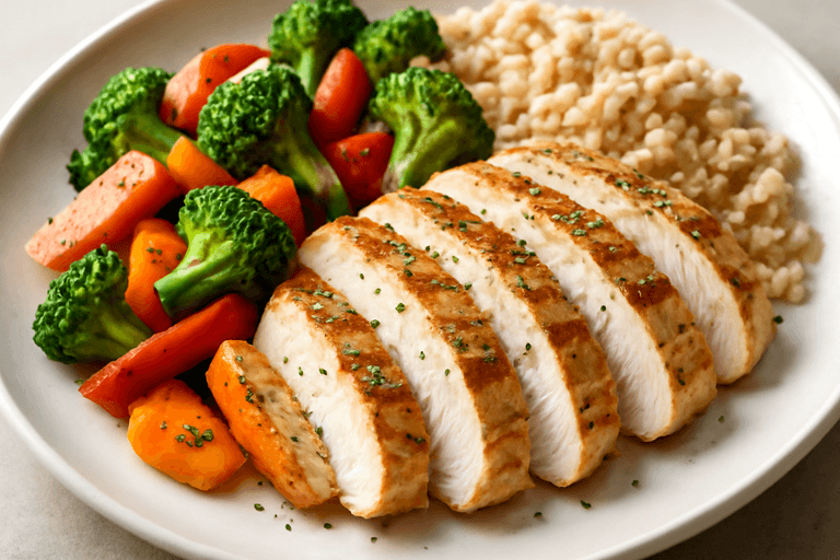 Piept de pui la grătar cu garnitură de legume și orez brun