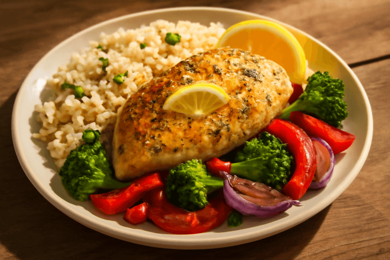 Klassieke Kipfilet met Geroosterde Groenten en Volkorenrijst