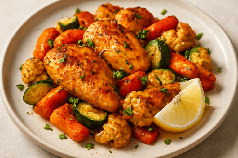 Pui la cuptor cu legume de sezon și ierburi aromate