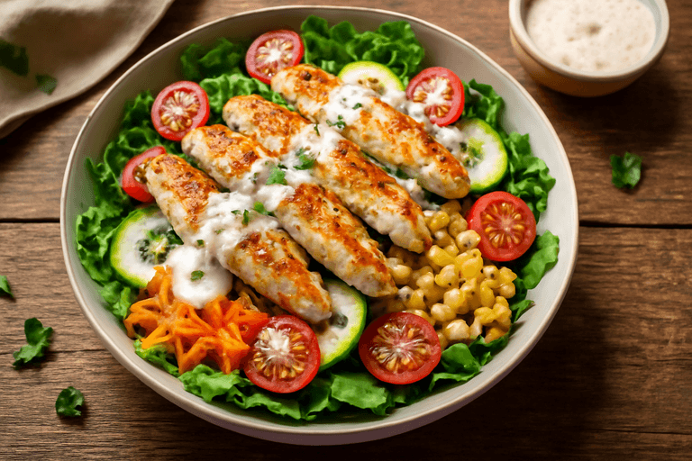 Salată hrănitoare de pui cu legume crocante și dressing ușor de iaurt