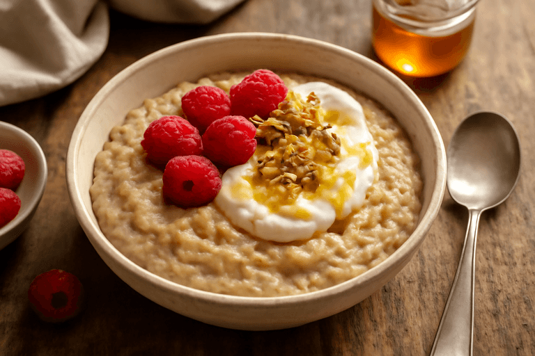 Lekka owsianka z malinami i orzechami włoskimi