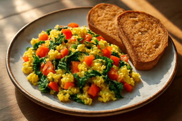 Klasyczna jajecznica z warzywami i pełnoziarnistym chlebem