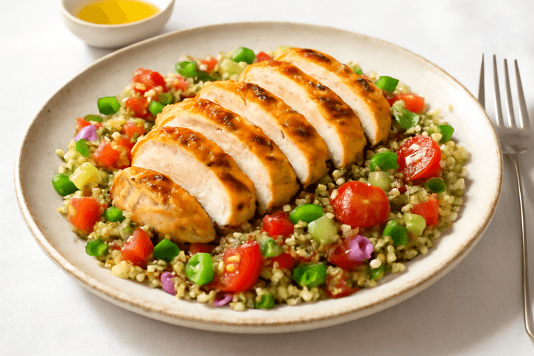 Piept de pui la grătar cu salată de quinoa și legume proaspete