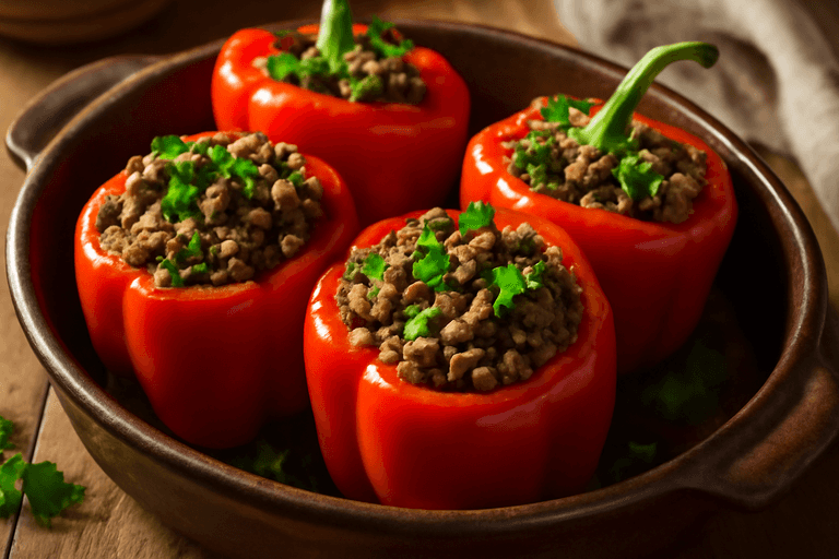 Gefüllte Paprika mit magerem Hackfleisch und Vollkornreis