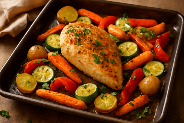 Pieczony kurczak z warzywami i ziołami