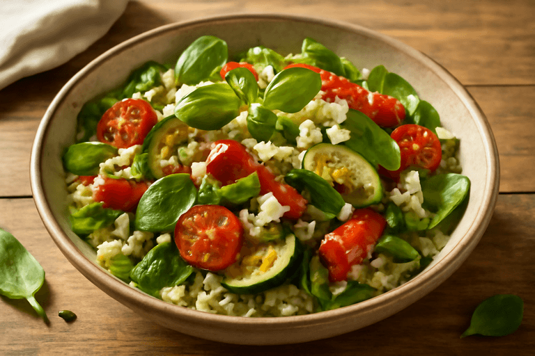 Salată caldă de quinoa cu legume mediteraneene și brânză feta