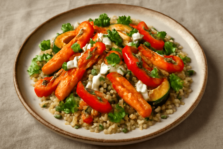Salată caldă de quinoa cu legume coapte și sos de iaurt