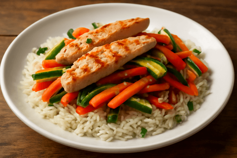Piept de pui la grătar cu legume colorate și orez basmati