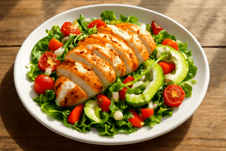 Salată de pui la grătar cu legume proaspete și dressing de iaurt