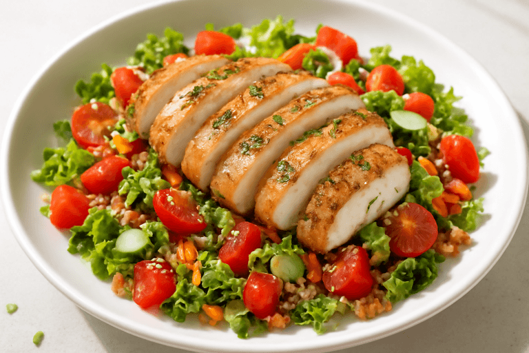 Piept de pui la grătar cu salată crocantă de legume și quinoa