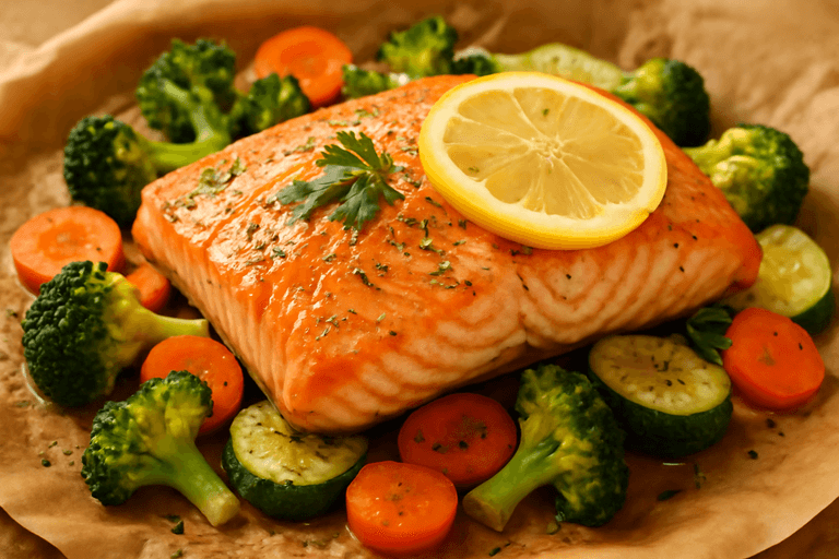 Somon la cuptor cu legume și ierburi aromate