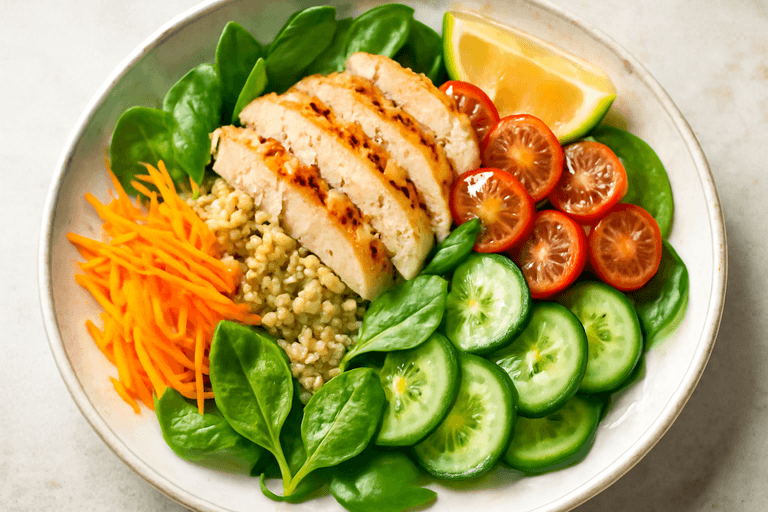 Salada Energizante de Frango Grelhado com Quinoa e Legumes Frescos