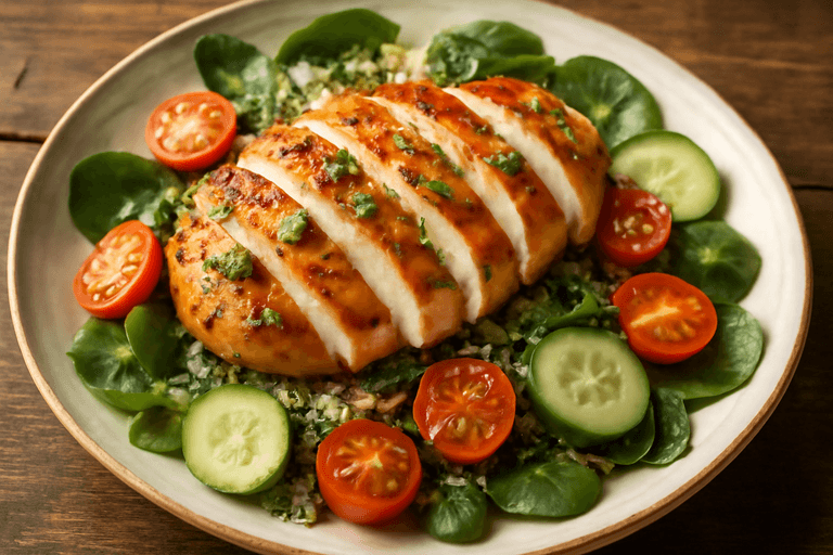 Ensalada tibia de pollo a la plancha con quinoa y vegetales frescos