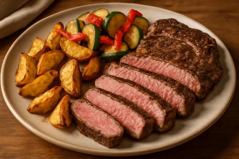 Bistecca alla Griglia con Patate Rustiche e Verdure di Stagione