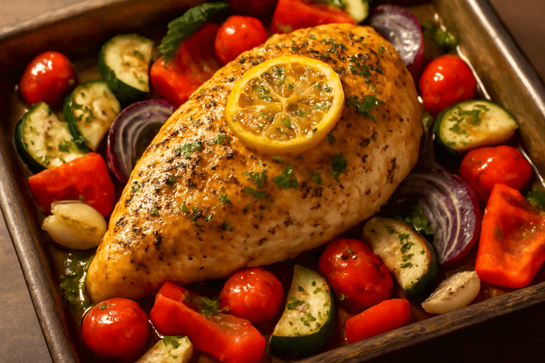 Pui la cuptor cu legume mediteraneene