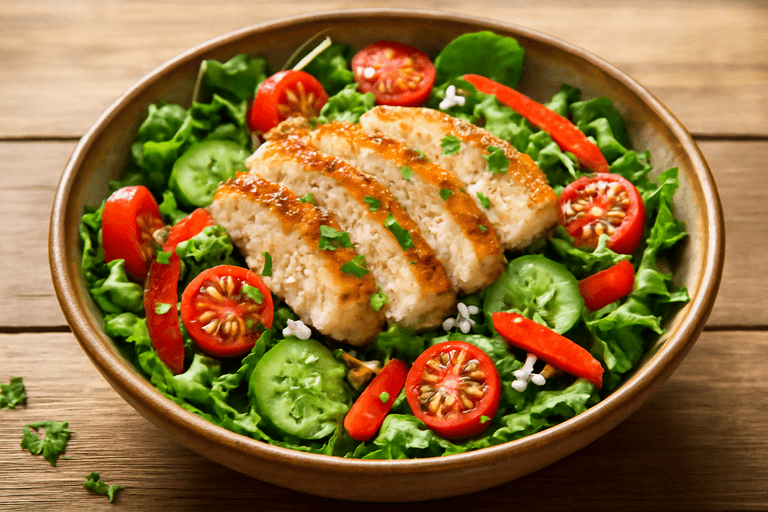 Salată clasică de pui la grătar cu legume proaspete și dressing ușor