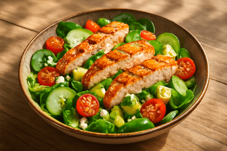 Salată sățioasă cu pui la grătar și legume proaspete