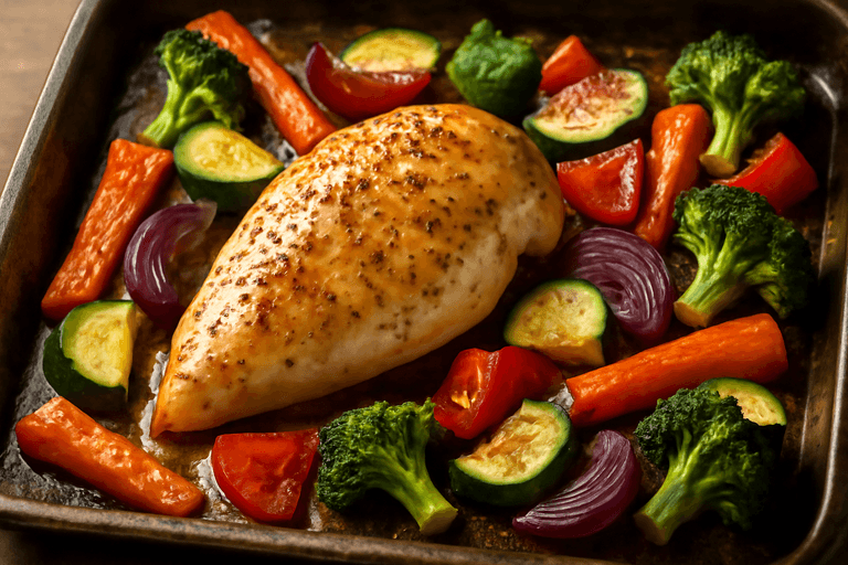 Piept de pui la cuptor cu legume colorate