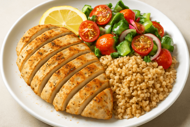 Grillad kyckling med färsk tomatsallad och fullkornsbulgur