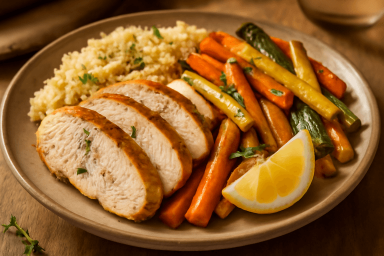 Poulet rôti aux légumes d’antan et quinoa