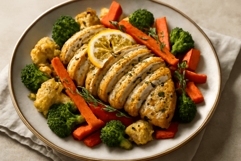 Saftig citron- och örtkryddad kyckling med rostade grönsaker
