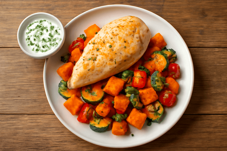 Lätt kycklingfilé med ugnsrostade grönsaker och örtsås