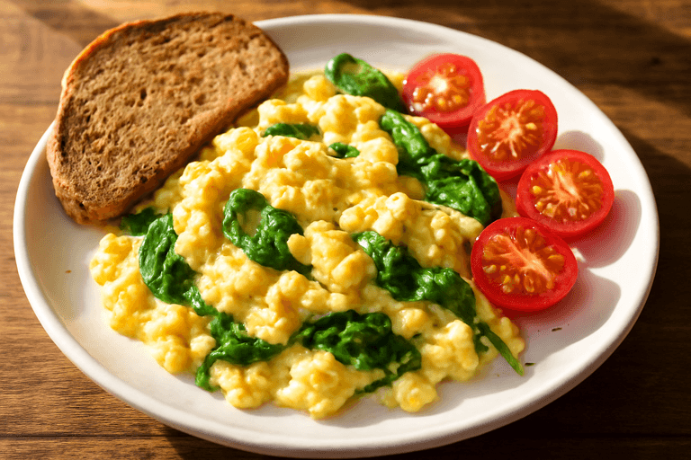 Proteinrik äggröra med spenat och tomat