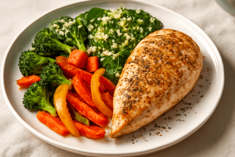 Grillet kyllingfilet med ovnsbakte grønnsaker og quinoasalat