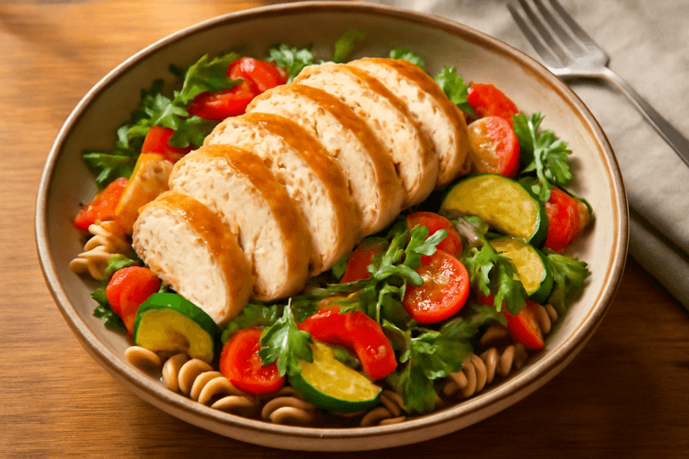 Kyllingsalat med Ovnsbakte Grønnsaker og Fullkornspasta