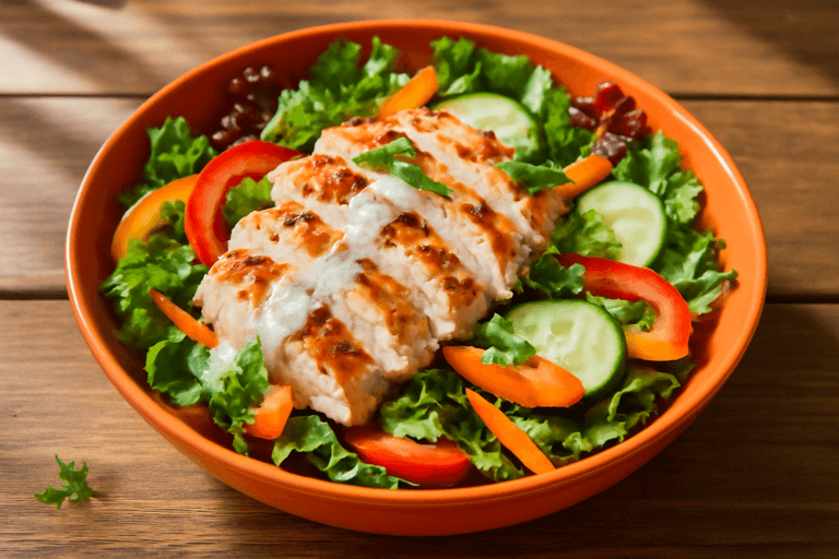 Salată de pui cu legume colorate și dressing ușor de iaurt